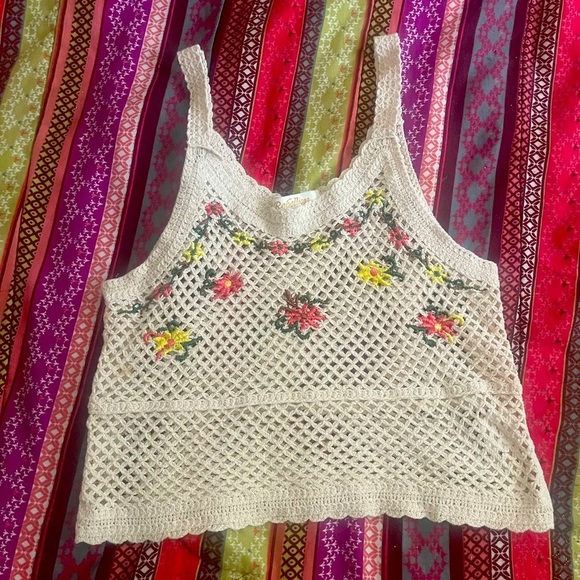 rebellion again Tops - Crochet floral embroidery camo tank top fairycore cottagecore mesh open knit y2k